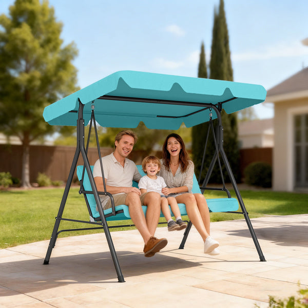 3 Seater Swing Chair with Adjustable Canopy, Garden Swing Seat with Steel Frame, Padded Seat, Blue